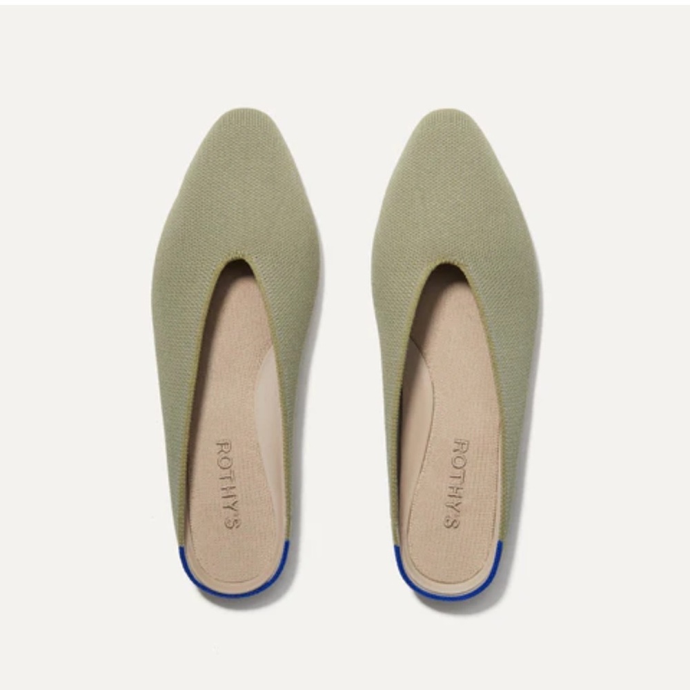 Rothy's Olive Green Pointed Slip-On Flats with Blue Heel Accent - Picture 1 of 13